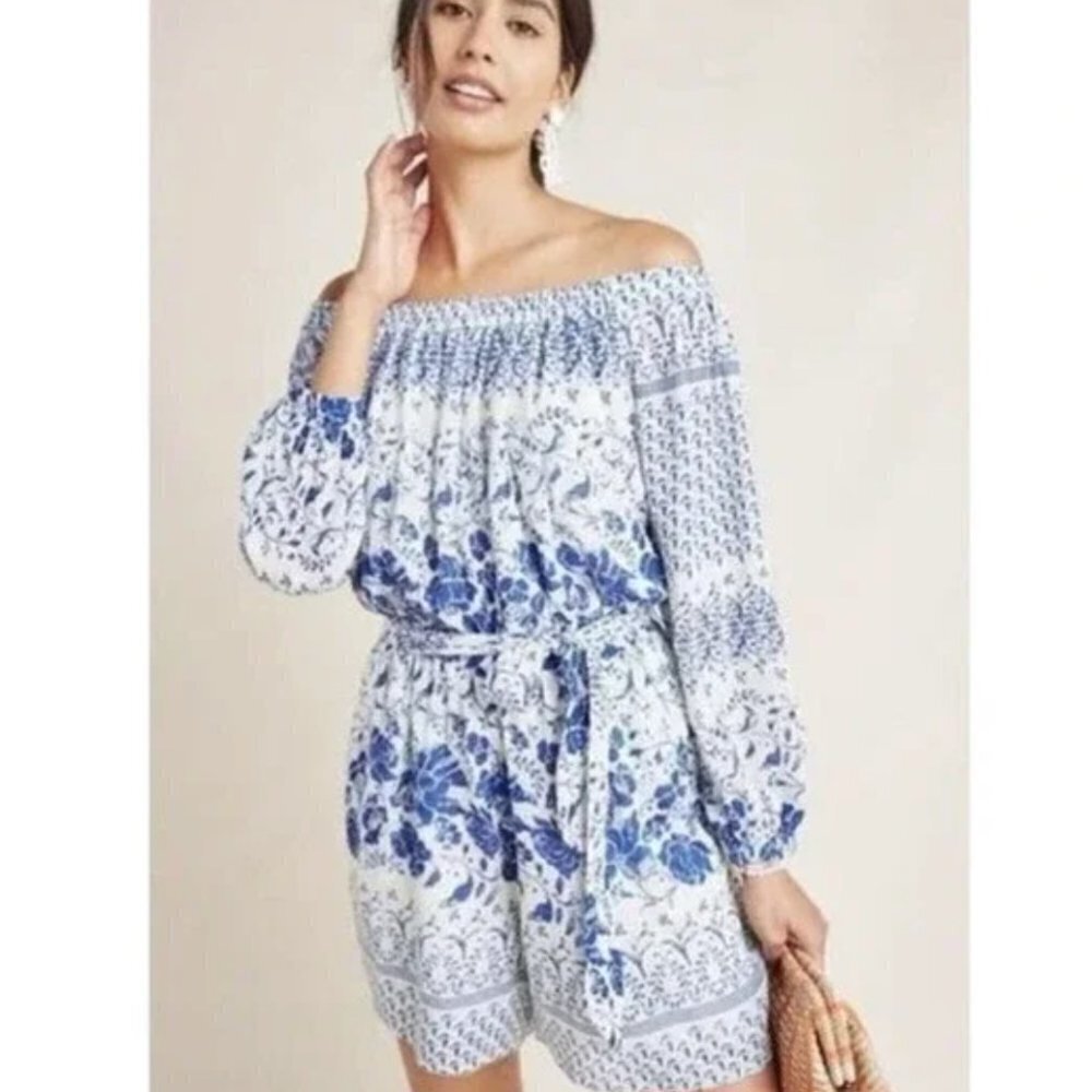 Anthropologie Blue white Off The Shoulder Long Sleeve Romper Medium
